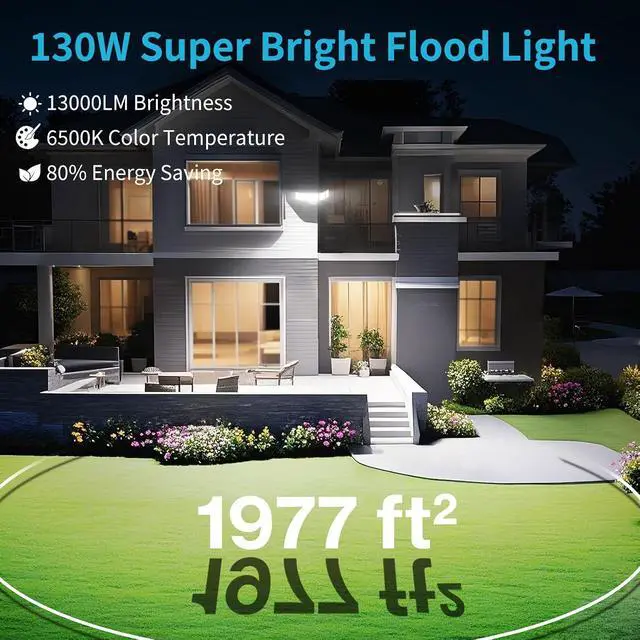 Alt view image 2 of 7 - Olafus 130W Flood Light Outdoor 2 Pack, Switch Controlled 13000LM, 6500K LED Security Floodlight with 5 Adjustable Head, IP65 Waterproof Wired for House Yard White