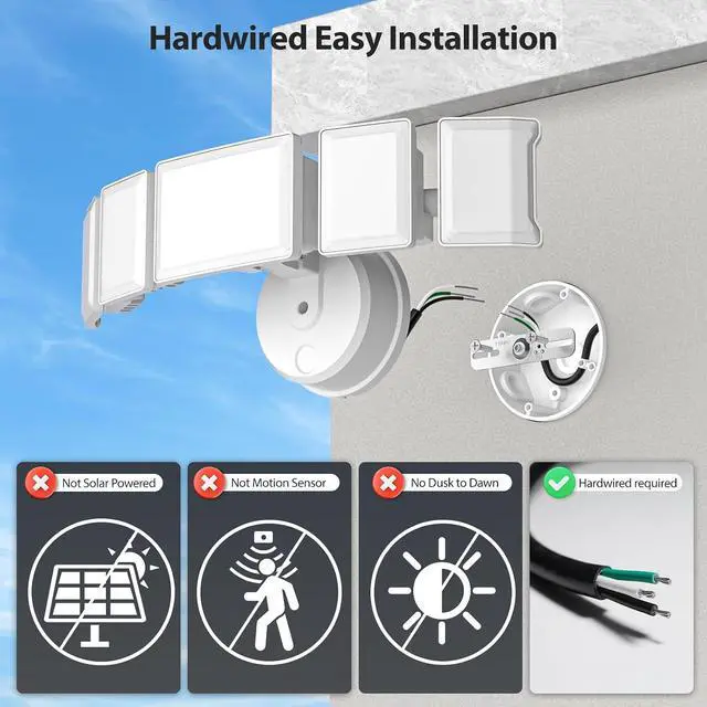 Alt view image 6 of 7 - Olafus 130W Flood Light Outdoor 2 Pack, Switch Controlled 13000LM, 6500K LED Security Floodlight with 5 Adjustable Head, IP65 Waterproof Wired for House Yard White