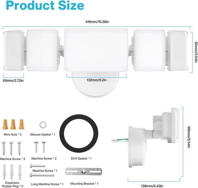 Alt view image 7 of 7 - Olafus 130W Flood Light Outdoor 2 Pack, Switch Controlled 13000LM, 6500K LED Security Floodlight with 5 Adjustable Head, IP65 Waterproof Wired for House Yard White