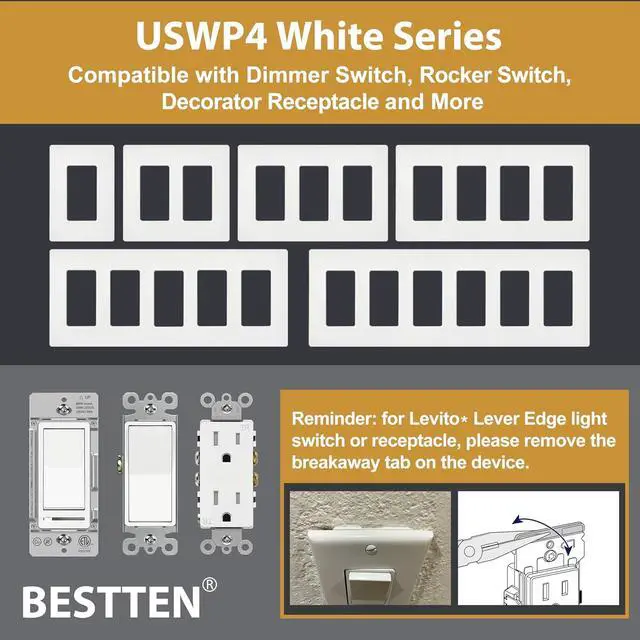 Alt view image 7 of 7 - BESTTEN 30 Pack 1 Gang Screwless Wall Plate, USWP4 Off White Series, Decorator Outlet Cover, Decorative Switch Plate, Decor Wallplate, H4.69 x W2.91, for Dimmer, USB, GFCI