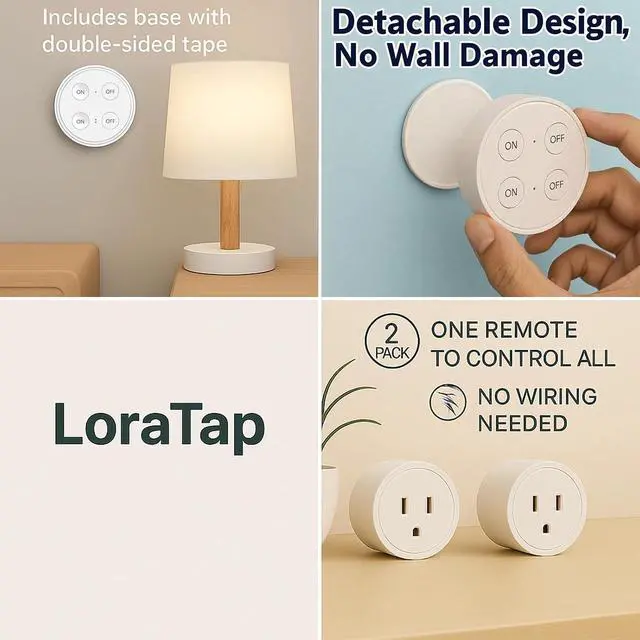 Alt view image 6 of 7 - LoraTap Mini Remote Control Outlet Plug: 656ft Range Wireless Light Switch for Household Appliances No Wiring 1 Remote for 2 Outlets