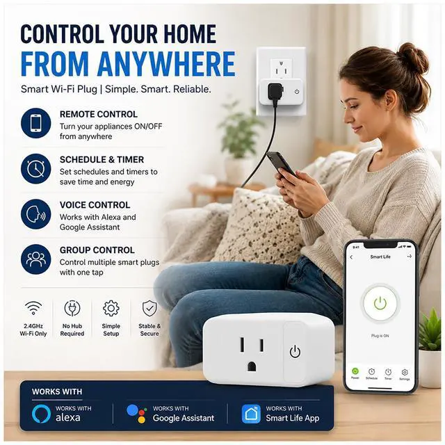 Alt view image 3 of 7 - 4 Pack Smart Home Wi-Fi Plugs - Alexa & Google Home Compatible, White, Toggle Switch, Automatic Operation