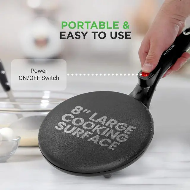 Alt view image 2 of 7 - Nutrichef Electric Crepe Maker | 8-inch Nonstick Cooktop with On/Off Switch | Cooks Roti, Tortillas & Pancakes | Automatic Temperature Control & Cool Touch Handle | Includes Food Bowl, Whisk & Spatula
