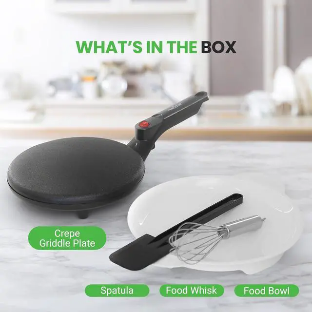 Alt view image 3 of 7 - Nutrichef Electric Crepe Maker | 8-inch Nonstick Cooktop with On/Off Switch | Cooks Roti, Tortillas & Pancakes | Automatic Temperature Control & Cool Touch Handle | Includes Food Bowl, Whisk & Spatula
