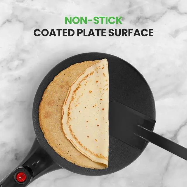 Alt view image 4 of 7 - Nutrichef Electric Crepe Maker | 8-inch Nonstick Cooktop with On/Off Switch | Cooks Roti, Tortillas & Pancakes | Automatic Temperature Control & Cool Touch Handle | Includes Food Bowl, Whisk & Spatula