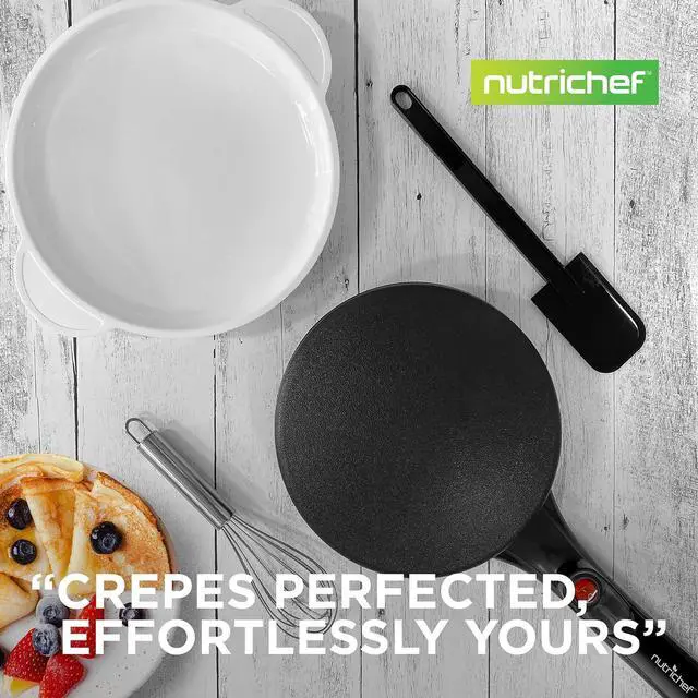 Alt view image 7 of 7 - Nutrichef Electric Crepe Maker | 8-inch Nonstick Cooktop with On/Off Switch | Cooks Roti, Tortillas & Pancakes | Automatic Temperature Control & Cool Touch Handle | Includes Food Bowl, Whisk & Spatula