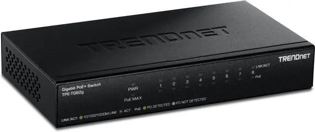 Main image of TRENDnet 8-Port Gigabit PoE+ Switch, TPE-TG82G | 65W Budget, 16Gbps Switching Capacity, Ethernet Splitter, NDAA & TAA Compliant, Black
