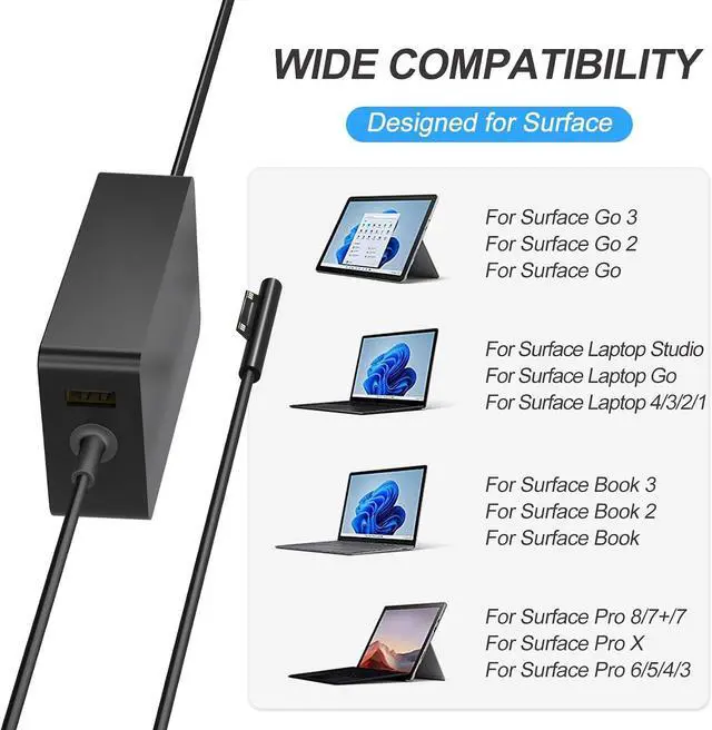 Alt view image 3 of 7 - 65W Surface Pro Laptop Charger-for Microsoft Surface Pro Charger Windows Surface Laptop 7,6,5,4,3,2,for Microsoft Surface Pro10,9,8,7+,7,6,5,4,3,X,Surface Book3,2,1,Surface Go Tablet,Support 44W,10FT