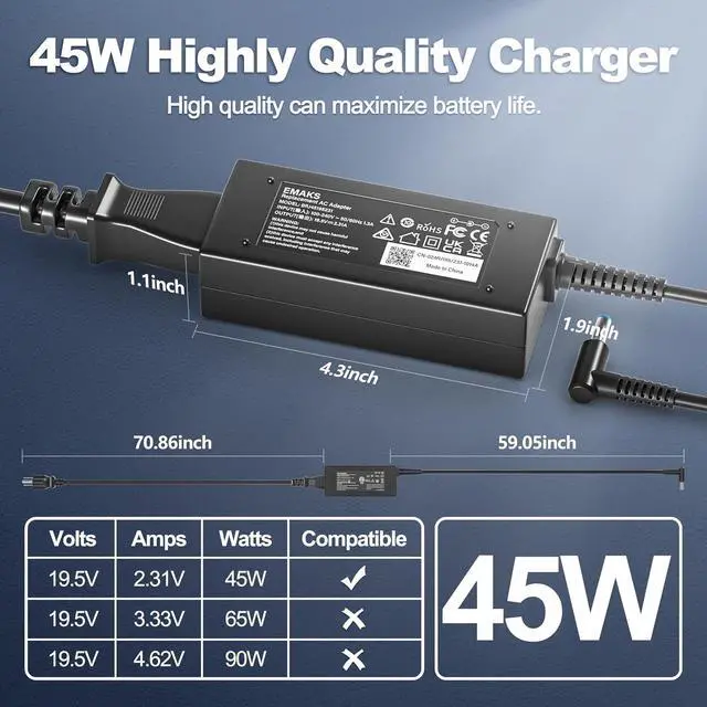 Alt view image 5 of 5 - 45W Charger for HP 15-CS 15-CP 15-DA 15-DB 15-DY 15-EF 15-FD 15-FD0083WM | for 15-ef0023dx ef0021nr ef0875ms 15-cs3055wm cs3075wm 15-cp0053cl 15-dy2024nr 15-DY2702DX dy1731ms dy0013dx dy2021nr Laptop