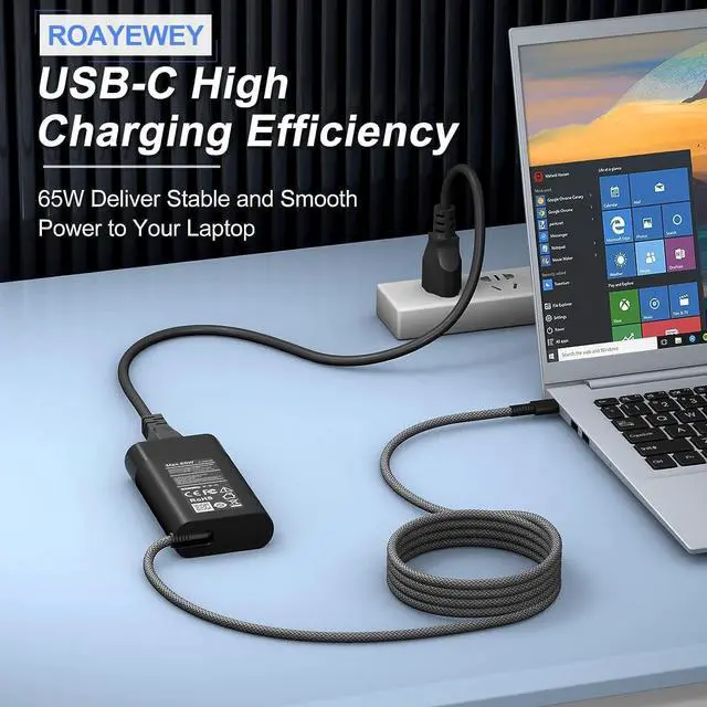 Alt view image 2 of 7 - ROAYEWEY New Slim 65W USB C Charger Compatible with HP Spectre X360 14 2 in 1,Elitebook x360, Pavilion Envy Elite x2 Fast Charging Type C Travel Laptop Power Adapter