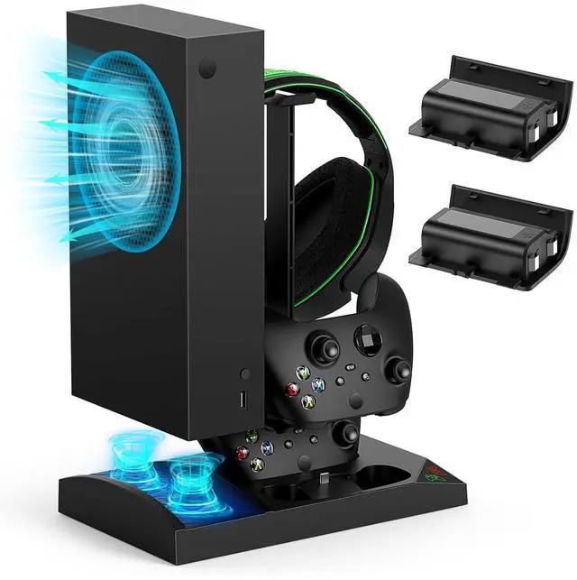 Main image of Charger Stand with Cooling Fan for Xbox Series S Console and Controller,Vertical Dual Charging Dock Accessories with 2 x 1400mAh Rechargeable Battery and Cover, Earphone Bracket for XSS(Black)