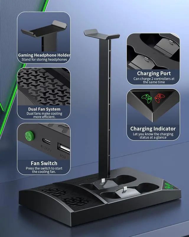 Alt view image 2 of 7 - Charger Stand with Cooling Fan for Xbox Series S Console and Controller,Vertical Dual Charging Dock Accessories with 2 x 1400mAh Rechargeable Battery and Cover, Earphone Bracket for XSS(Black)