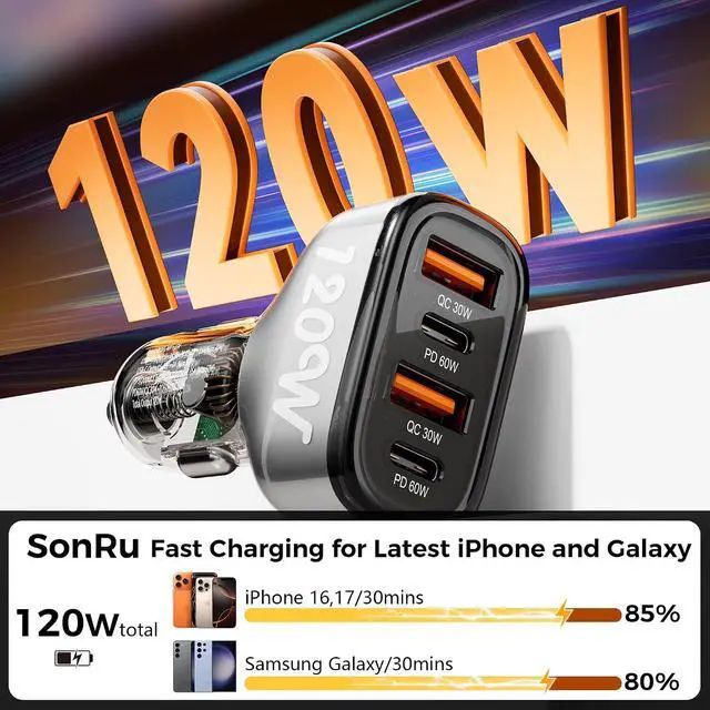 Alt view image 2 of 7 - 4-Port USB C Car Charger, 120W 2*PD60W+QC30W Cigarette Lighter USB Car Charger Adapter, Fast Car Phone Charger for iPhone 17/17 Pro Max/16/15/14 Series, Galaxy S24/23,iPad, Galaxy, Tablet