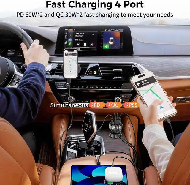 Alt view image 3 of 7 - 4-Port USB C Car Charger, 120W 2*PD60W+QC30W Cigarette Lighter USB Car Charger Adapter, Fast Car Phone Charger for iPhone 17/17 Pro Max/16/15/14 Series, Galaxy S24/23,iPad, Galaxy, Tablet