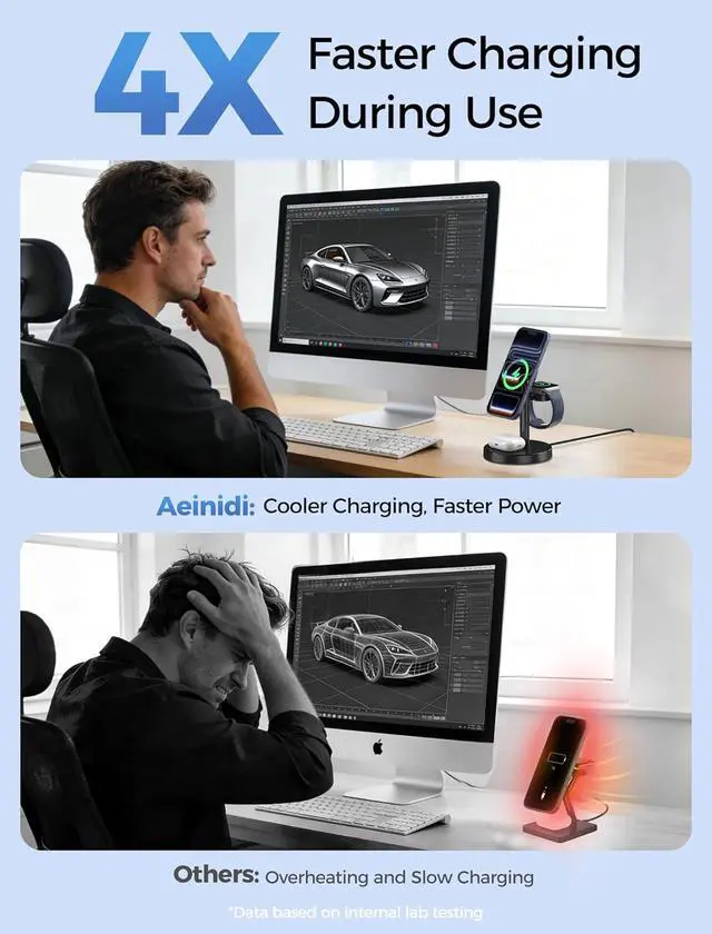 Alt view image 2 of 7 - Aeinidi 2026 3 in 1 Wireless Charging Station Compatible with MagSafe Charger Stand, 15W Fast Magnetic Mag-Safe Charger for iPhone 17 16 15 14 13 12 Series Apple iWatch AirPods Pro 4 3 2, Black