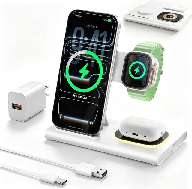 Main image of 3 in 1 Foldable Wireless Fast Charging Station for Apple Multiple Devices | iPhone Charging Station for iPhone 17, Travel iWatch Charger Stand, Light Nightstand Charging Dock for Apple Watch/Airpods