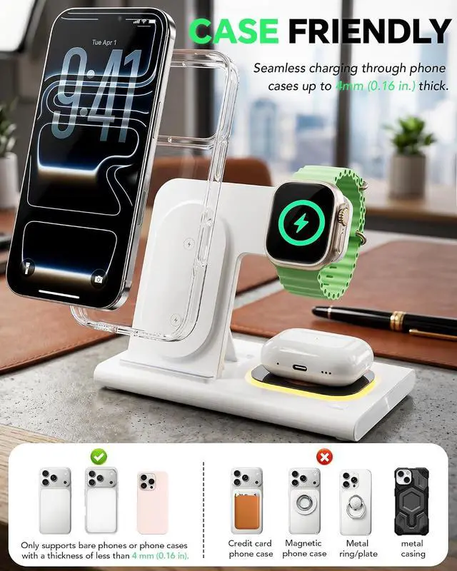 Alt view image 4 of 7 - 3 in 1 Foldable Wireless Fast Charging Station for Apple Multiple Devices | iPhone Charging Station for iPhone 17, Travel iWatch Charger Stand, Light Nightstand Charging Dock for Apple Watch/Airpods