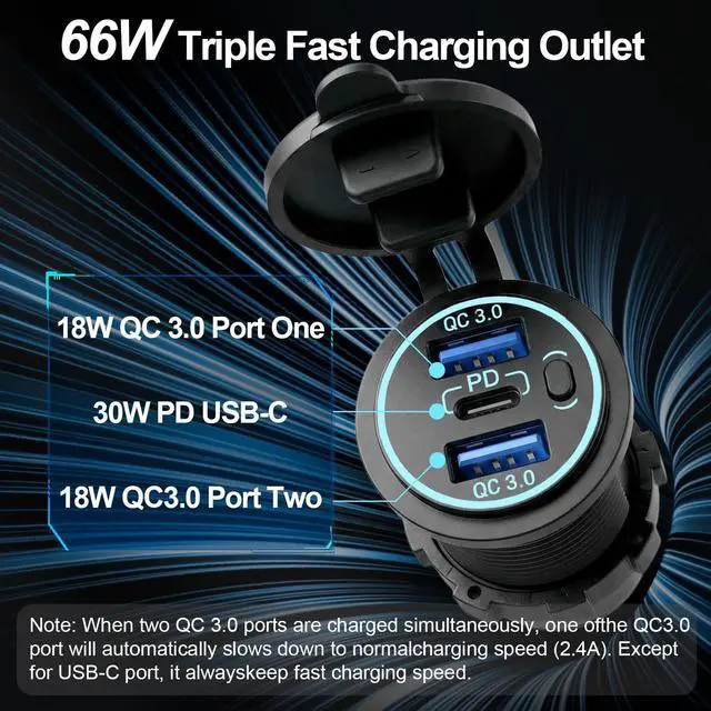 Alt view image 2 of 7 - 12v usb charger, PD 20W USB-C Power Socket and 18W QC3.0 Socket Waterproof Power Outlet 12V/24V with Power Switch 12V USB C Outlet for Car Golf Cart Boat Marine Bus Truck RV Marine Motorcycle etc.