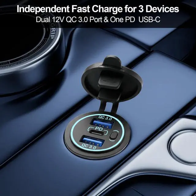 Alt view image 4 of 7 - 12v usb charger, PD 20W USB-C Power Socket and 18W QC3.0 Socket Waterproof Power Outlet 12V/24V with Power Switch 12V USB C Outlet for Car Golf Cart Boat Marine Bus Truck RV Marine Motorcycle etc.