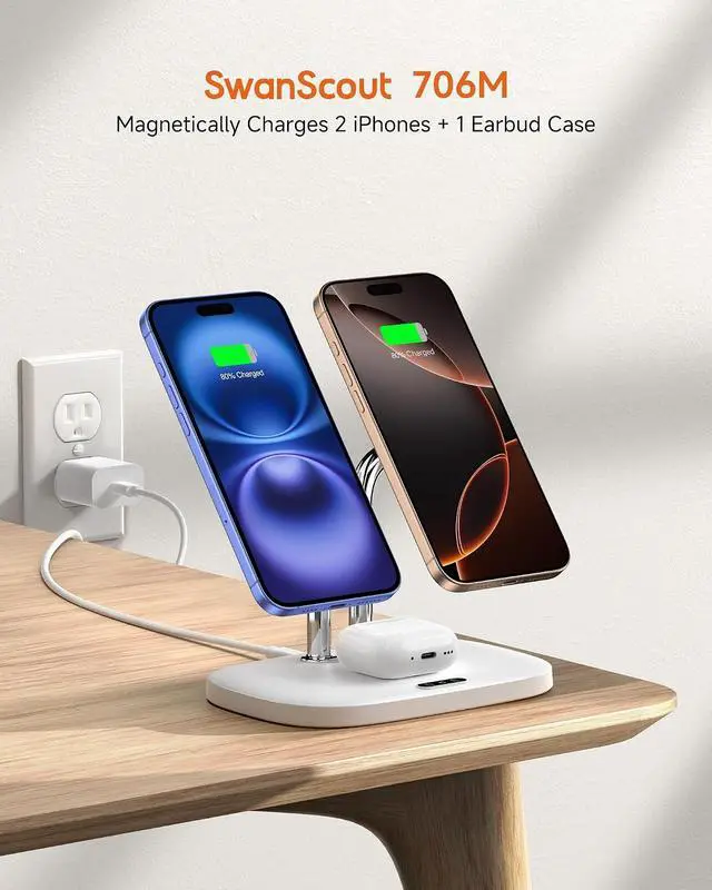 Alt view image 2 of 7 - Dual Wireless Charger for iPhone 17, SwanScout 706M, White | Dual Magnetic Charger for iPhone Air/16/15/14/13/12 Series, Charging Station for AirPods Pro 3/2, AirPods 4/3
