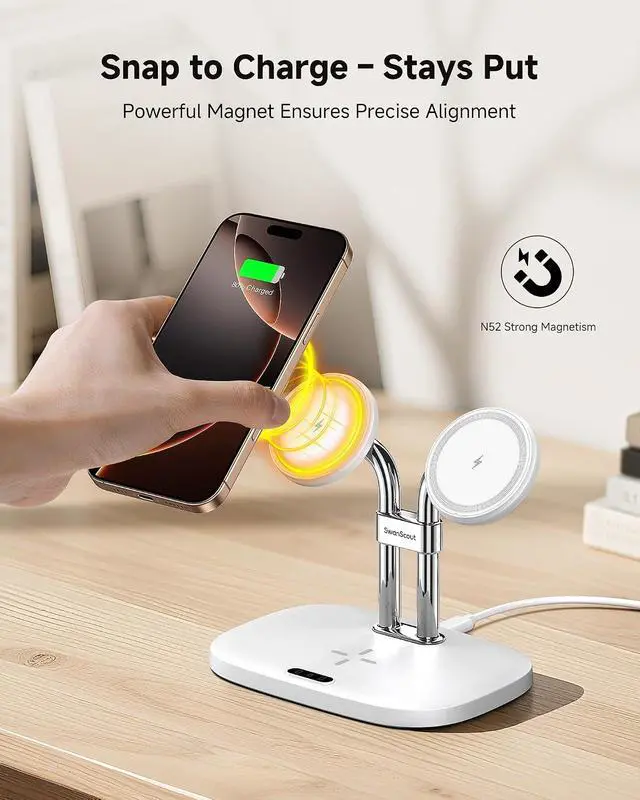 Alt view image 3 of 7 - Dual Wireless Charger for iPhone 17, SwanScout 706M, White | Dual Magnetic Charger for iPhone Air/16/15/14/13/12 Series, Charging Station for AirPods Pro 3/2, AirPods 4/3