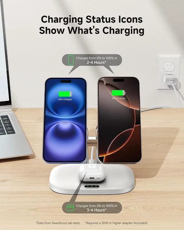 Alt view image 4 of 7 - Dual Wireless Charger for iPhone 17, SwanScout 706M, White | Dual Magnetic Charger for iPhone Air/16/15/14/13/12 Series, Charging Station for AirPods Pro 3/2, AirPods 4/3