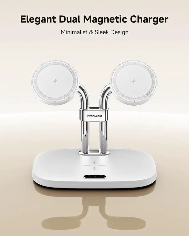 Alt view image 6 of 7 - Dual Wireless Charger for iPhone 17, SwanScout 706M, White | Dual Magnetic Charger for iPhone Air/16/15/14/13/12 Series, Charging Station for AirPods Pro 3/2, AirPods 4/3