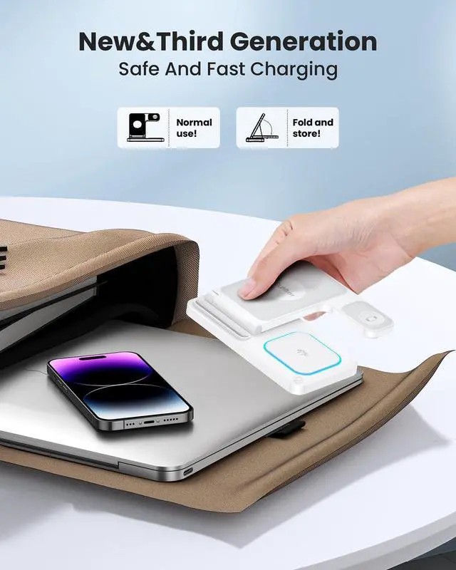 Alt view image 5 of 7 - 3 in 1 Wireless Charger for iPhone 16/15/14/13/12/11/Pro/Max/XS, Wireless Charging Station for Apple Devices, Charging Stand for Apple Watch Series S10, for AirPods 4/3/2/Pro/Pro 2(White)