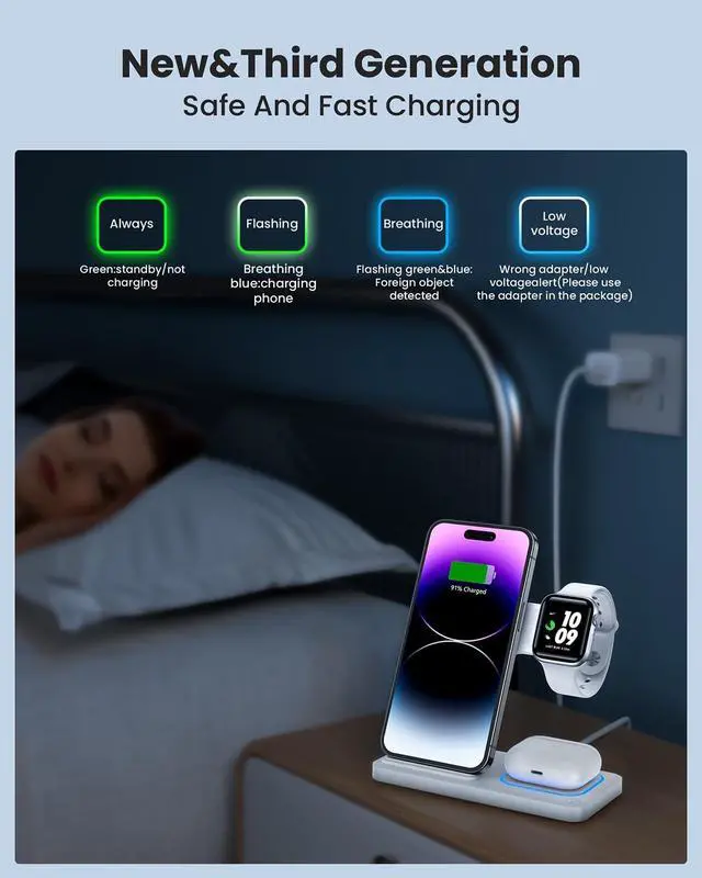 Alt view image 7 of 7 - 3 in 1 Wireless Charger for iPhone 16/15/14/13/12/11/Pro/Max/XS, Wireless Charging Station for Apple Devices, Charging Stand for Apple Watch Series S10, for AirPods 4/3/2/Pro/Pro 2(White)