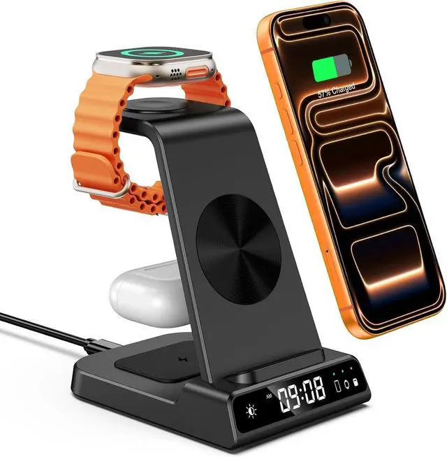 Main image of Wireless Charger for iPhone 17/16/15/14/13/12/11/X Series | 3-in-1 Charging Station with Clock, for Apple Watch Watch 11/10/9/8/7/6/5, Adapter Not Included