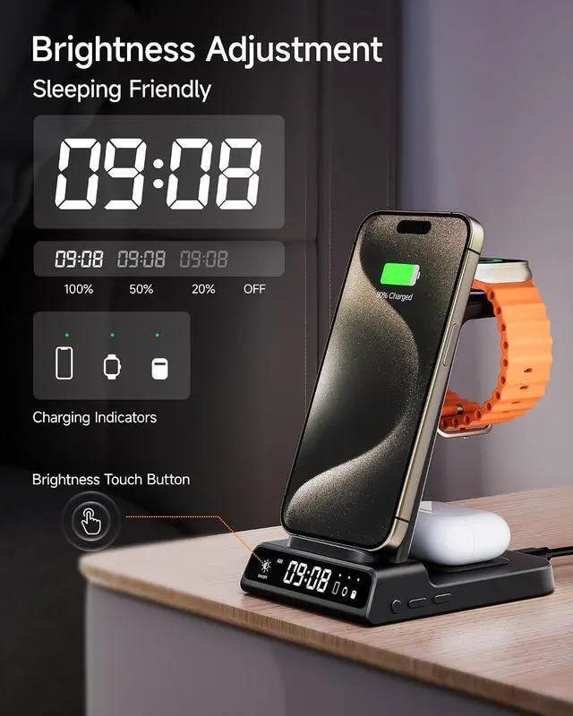Alt view image 4 of 7 - Wireless Charger for iPhone 17/16/15/14/13/12/11/X Series | 3-in-1 Charging Station with Clock, for Apple Watch Watch 11/10/9/8/7/6/5, Adapter Not Included