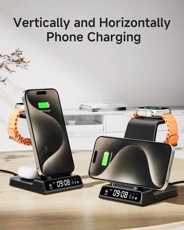 Alt view image 5 of 7 - Wireless Charger for iPhone 17/16/15/14/13/12/11/X Series | 3-in-1 Charging Station with Clock, for Apple Watch Watch 11/10/9/8/7/6/5, Adapter Not Included