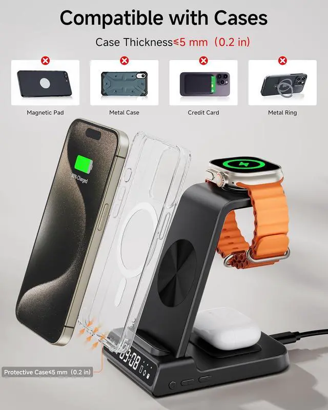 Alt view image 6 of 7 - Wireless Charger for iPhone 17/16/15/14/13/12/11/X Series | 3-in-1 Charging Station with Clock, for Apple Watch Watch 11/10/9/8/7/6/5, Adapter Not Included