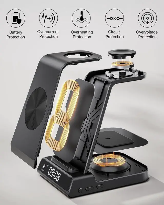 Alt view image 7 of 7 - Wireless Charger for iPhone 17/16/15/14/13/12/11/X Series | 3-in-1 Charging Station with Clock, for Apple Watch Watch 11/10/9/8/7/6/5, Adapter Not Included