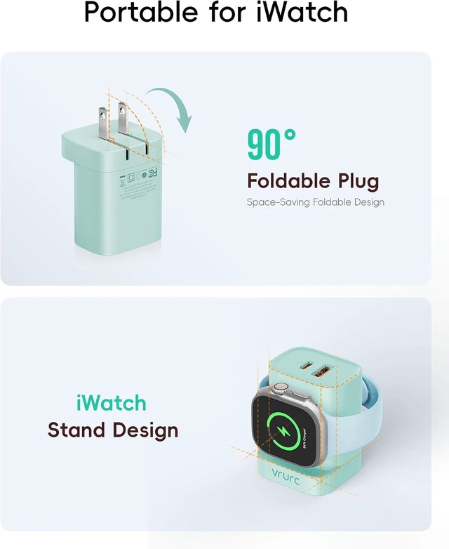 Alt view image 5 of 7 - VRURC Charger for Apple Watch, Built-in Wireless Magnetic Charging Station for iWatch SE/11/10/9/8/7/6/5/4, PD 20W USB C Charging Block, Foldable Wall Charger Fast for iPhone 17/16/15/14/13-Green