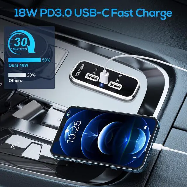 Alt view image 3 of 7 - Linkstyle 12V USB Outlet, Dual USB A & 18W USB C Fast Charger Socket Panel with LED Light Flush Mount for Car Marine RV Truck