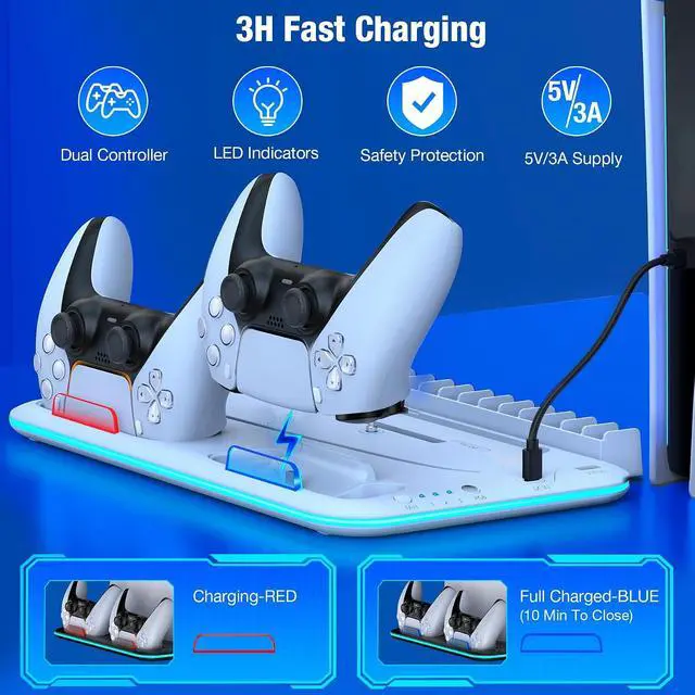 Alt view image 4 of 7 - PS5/Slim/Pro Stand and Cooling Station with Controller Charging Station for PlayStation 5 Slim/Pro Console, PS5 Controller Charger, Cooling Stand, LED Light, Headset Holder for PS5 Accessories, White