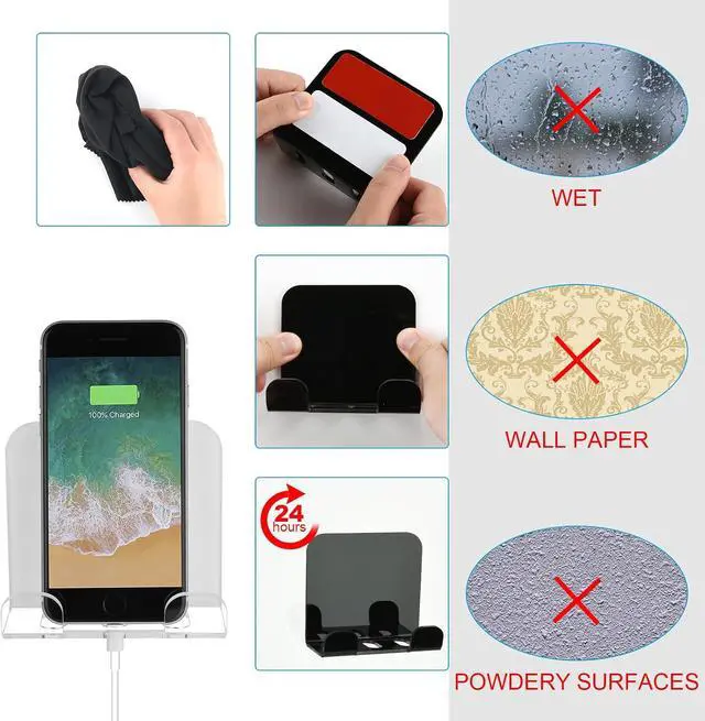 Alt view image 6 of 7 - Cosmos 2 Pcs Wall Mount Phone Holder, Smartphone Charging Stand Wall Rack, Bedside Organizer Storage Bracket Compatible with Most Phones and Mini Tablets for Home Office Bedroom Living Room