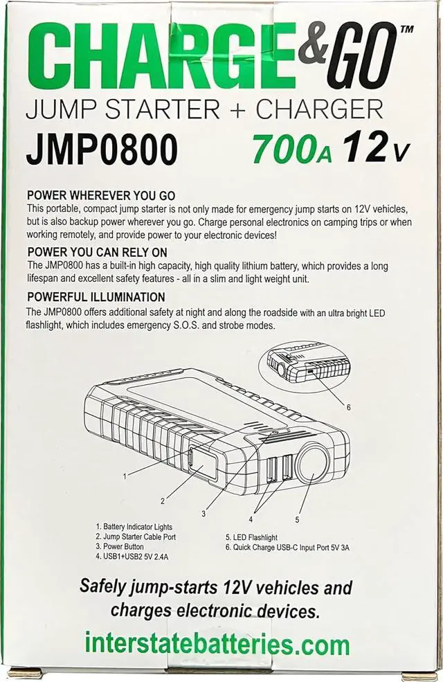 Alt view image 6 of 6 - Interstate Batteries 12V Jump Starter & Charger 700A 8000mAh, 8 Ah