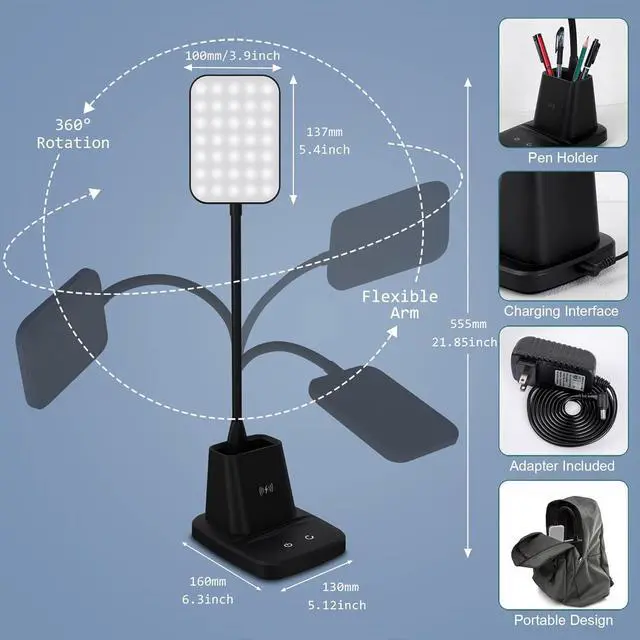 Alt view image 6 of 7 - LED Desk Lamp with 10W Wireless Charging & Pen Holder, Black | CRI 95, 800LM, Stepless Dimming, 3 Modes, 360°Flexible Arm, Touch, Study Table Lamp for Home Office, Dorm Room, with Adapter