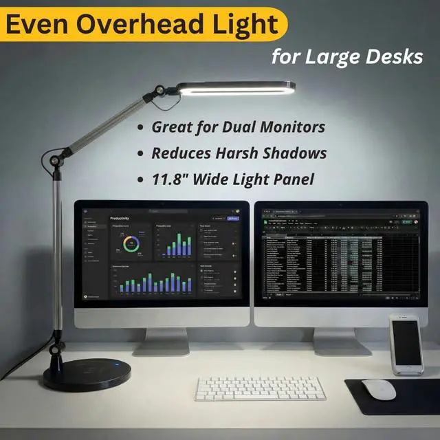 Alt view image 2 of 7 - OTUS LED Architect Desk Lamp for Home Office, Adjustable Swing Arm | Built-in 10 W Qi Wireless Charger in Base, 11.8 in LED panel, 3 Color Temperatures, Stepless dimming, Memory function