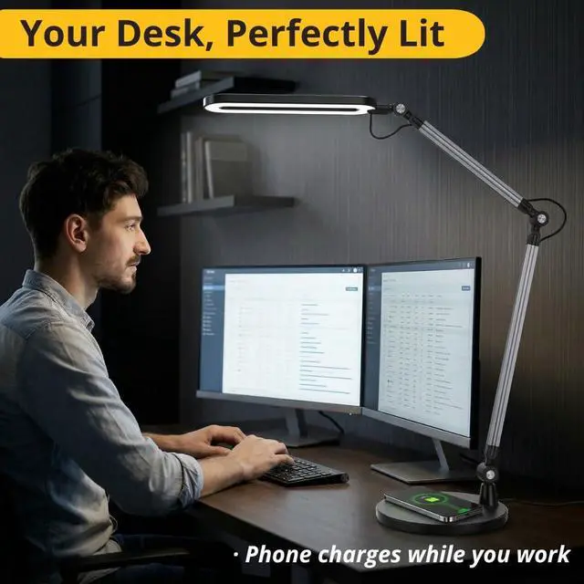 Alt view image 3 of 7 - OTUS LED Architect Desk Lamp for Home Office, Adjustable Swing Arm | Built-in 10 W Qi Wireless Charger in Base, 11.8 in LED panel, 3 Color Temperatures, Stepless dimming, Memory function