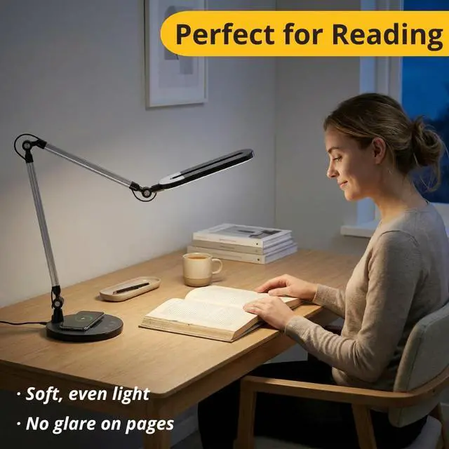 Alt view image 6 of 7 - OTUS LED Architect Desk Lamp for Home Office, Adjustable Swing Arm | Built-in 10 W Qi Wireless Charger in Base, 11.8 in LED panel, 3 Color Temperatures, Stepless dimming, Memory function