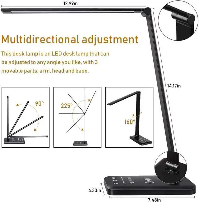 Alt view image 4 of 7 - LED Desk Lamp with Wireless Charger,Touch Lamp for Home Office Dorm | Dimmable Eye-Caring Lamp,5 Color Modes & 5 Brightness,Metal Lamp Desktop Lamp for Study,Work,Reading,30/60 Minutes Timer