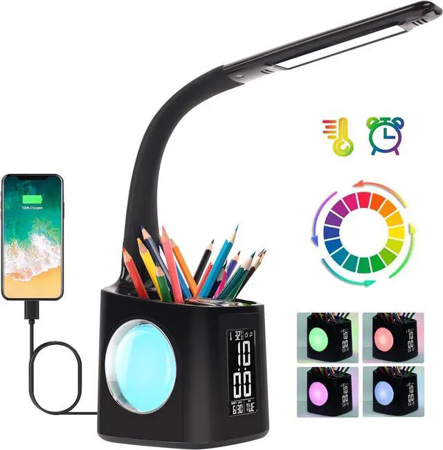 Main image of LED Desk Lamp with Clock,Color Changing Nightlight,Study Lamp with Pen Holder,Desk Light with USB Charger,Table Light for Home,Office,Gift for Kids,Students,Women,Black