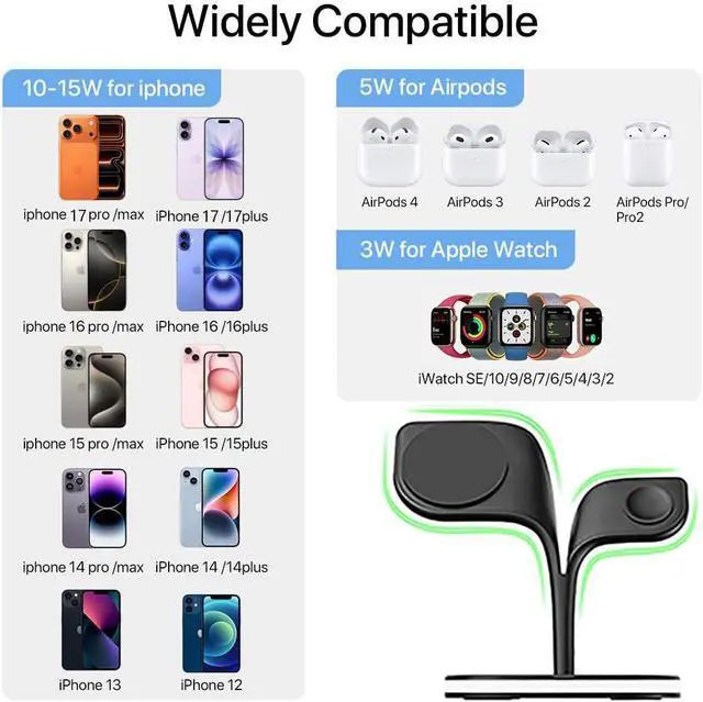 Alt view image 3 of 7 - EXW Wireless Charging Station for Magsafe Charger,Charging Station for Multiple Devices,Wireless Charger for iPhone 17 Air 16 15 14 13 12,Apple Watch,AirPods with LED(Black)