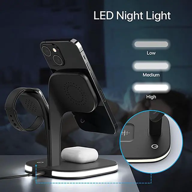 Alt view image 5 of 7 - EXW Wireless Charging Station for Magsafe Charger,Charging Station for Multiple Devices,Wireless Charger for iPhone 17 Air 16 15 14 13 12,Apple Watch,AirPods with LED(Black)