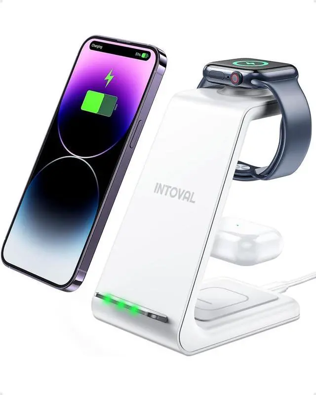 Main image of Intoval 3 in 1 Wireless Charging Station for iPhone and Apple Watch,Fast Wireless Charger Stand,Compact Desk Charging Dock for iPhone17 16 15 14 13/Pro/Max, iWatch11 10 9 Ultra/SE 3/4,AirPods