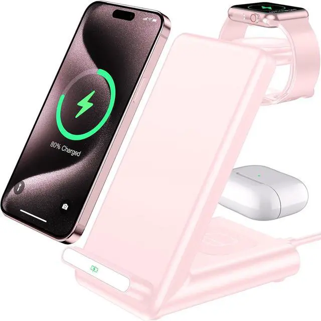 Main image of Wireless Charging Station,3 in 1 Charging Stand for Apple Multiple Devices | Fast Wireless Charger for Apple Watch Ultra 11 10 9 8 7 6 SE 5 4 3, for iPhone 17/Air/16/15/14/13/12,for AirPods Pro(Pink)