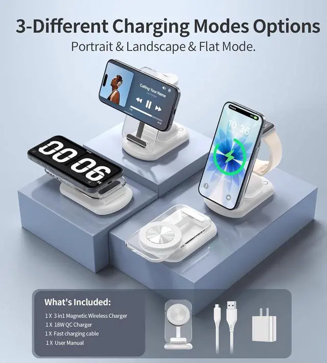 Alt view image 4 of 7 - 3 in 1 Magnetic Wireless Charging Station for Apple Devices | Fast Travel Charger Stand with Night Light for MagSafe-enabled iPhone 17 16 15 14 13 12 Series, Apple Watch/AirPods Pro, WH